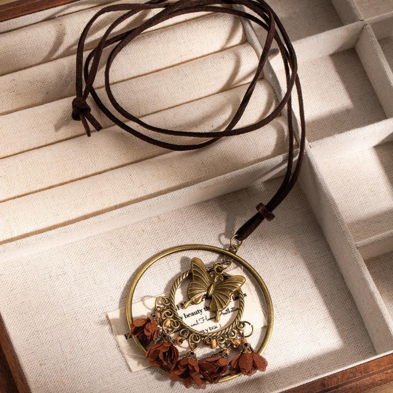 Retro Ethnic Style Personalized Sweater Chain Woven Tassel Butterfly Ring Pendant Necklace