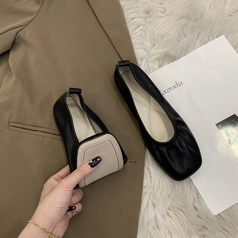 Women Soft Leather Ballet Flats Comfortable Square Toe Slip Shoes Street Style Ladies Casual Daily Wear Dress Loafers Shoes