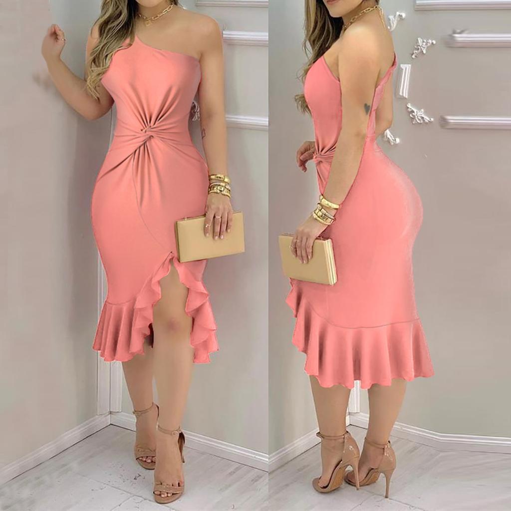 Vestido sexy de verano con un hombro al descubierto, manga corta, color liso y volantes para mujer