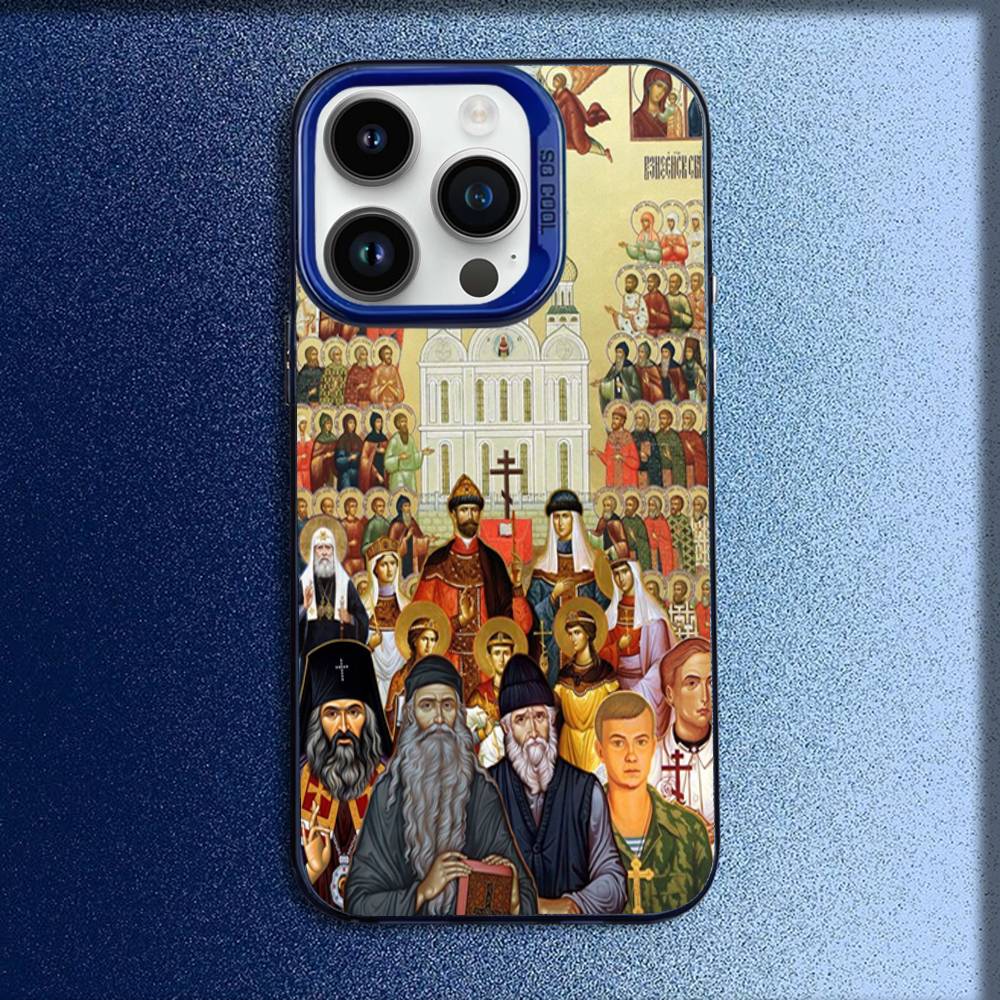 Orthodox Cross Icon Church Phone Case For iPhone 16,15,14,13,12,11,Mini,Pro,E,MAX Blue Candy Matte Shockproof Cover