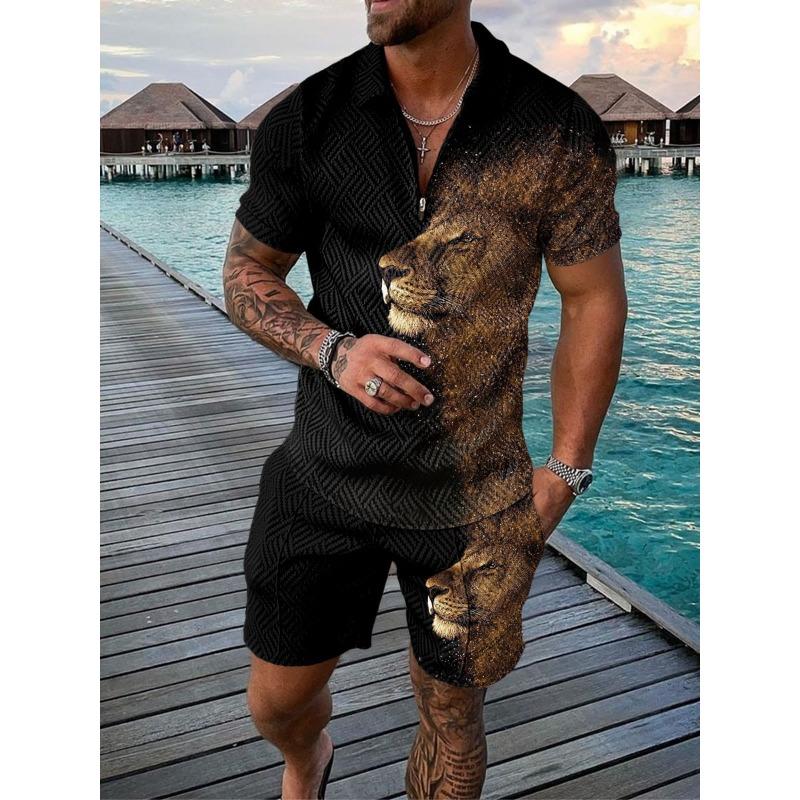 

Mens Casual 3D Lion Print Half Zip Shirt And Shorts Two Piece Set S