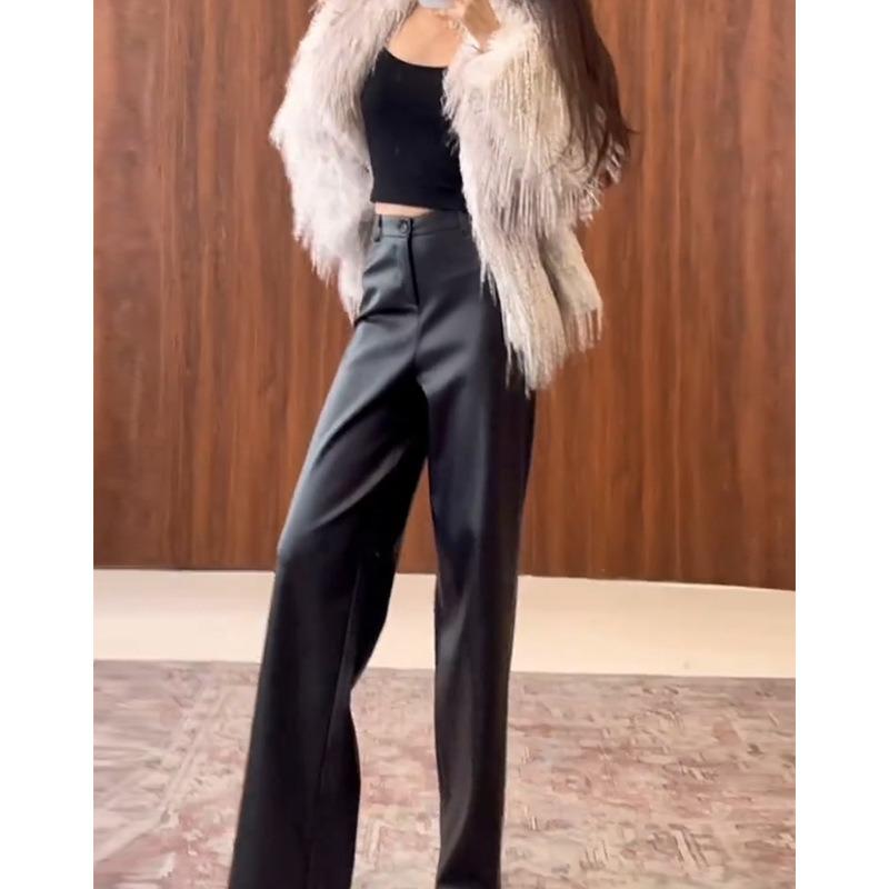 Black leather pants wide-leg pants women's autumn and winter 2026 new straight narrow version high-waisted pu protein leather pants