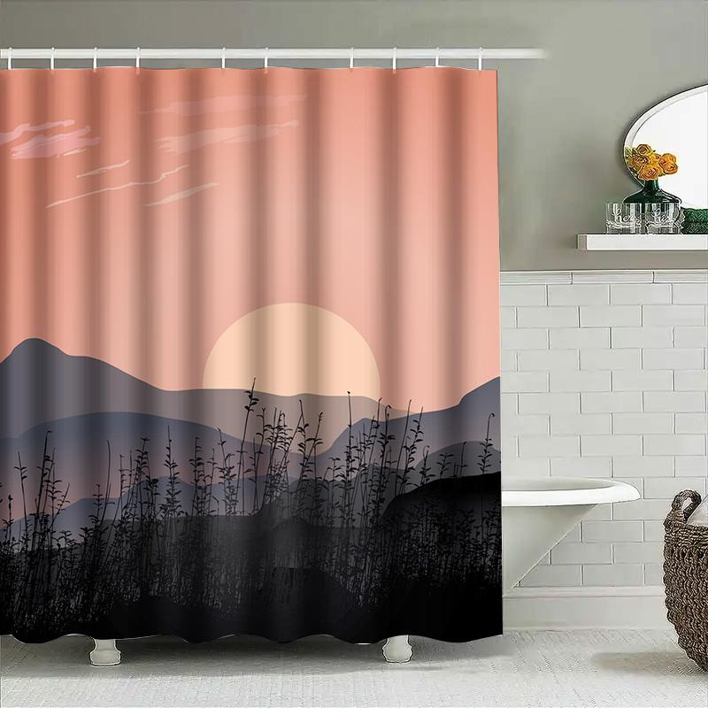 Sunset-themed shower curtain with black silhouette plants for modern bathroom decor peach pink color (59 x 72 inches)