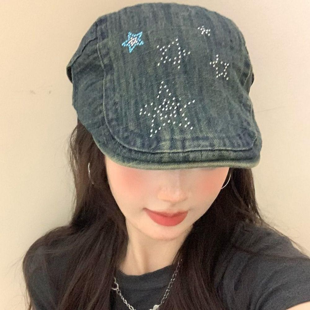 Y2k Star Cowboy Beret Embroidey Painter Hat Casual Artist Hat Spring Summer