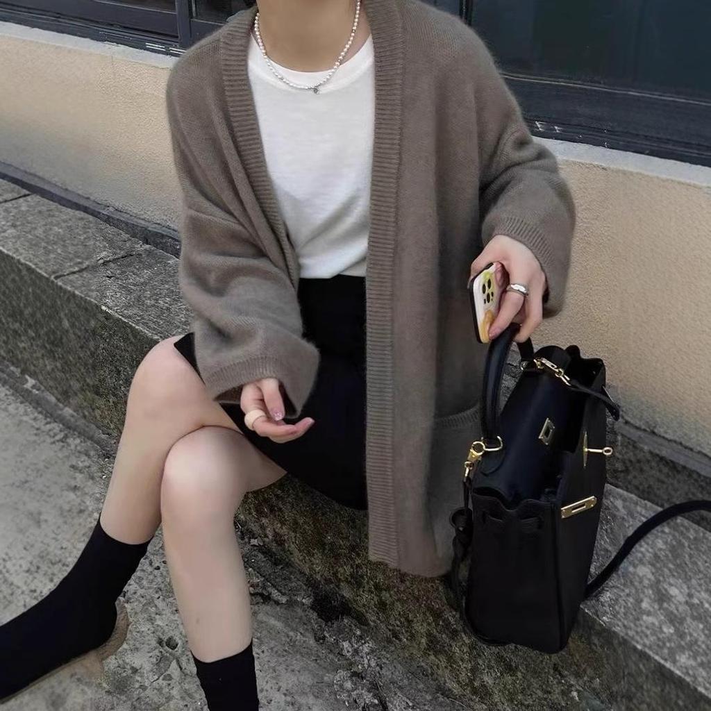 Women's Mid-Length 100% Wool Thick Cardigan - Elegant, Versatile, Loose Fit Cashmere Knitwear