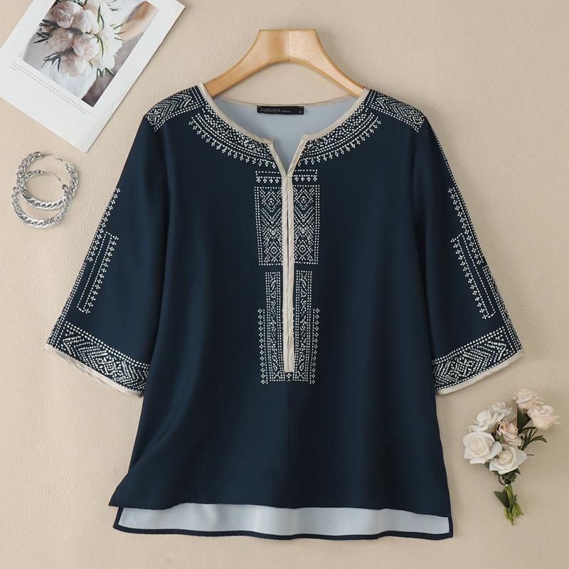 ZANZEA Women Casual V-Neck 3/4 Sleeve Loose Print Blouse