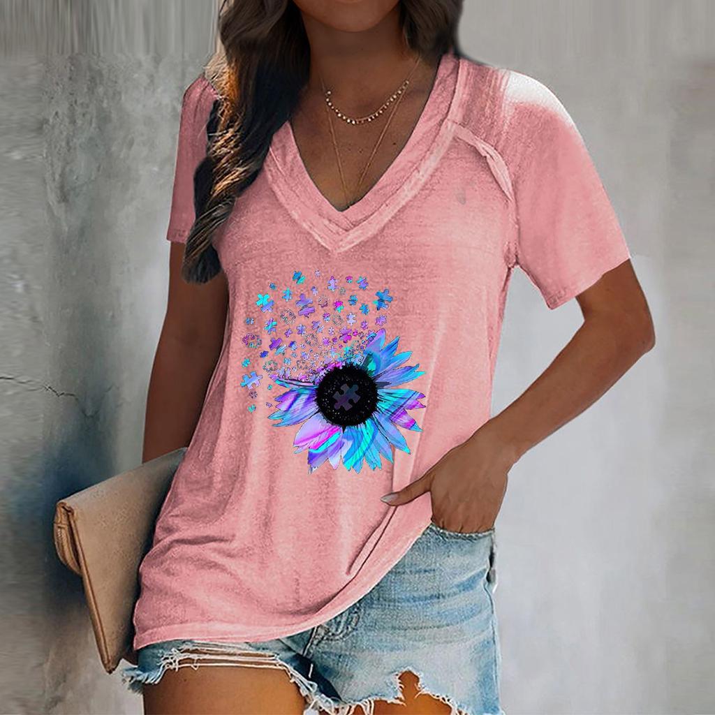 Women's T-shirt V-neck I Sunflower Print Pullover Casual Short-sleeved Top
