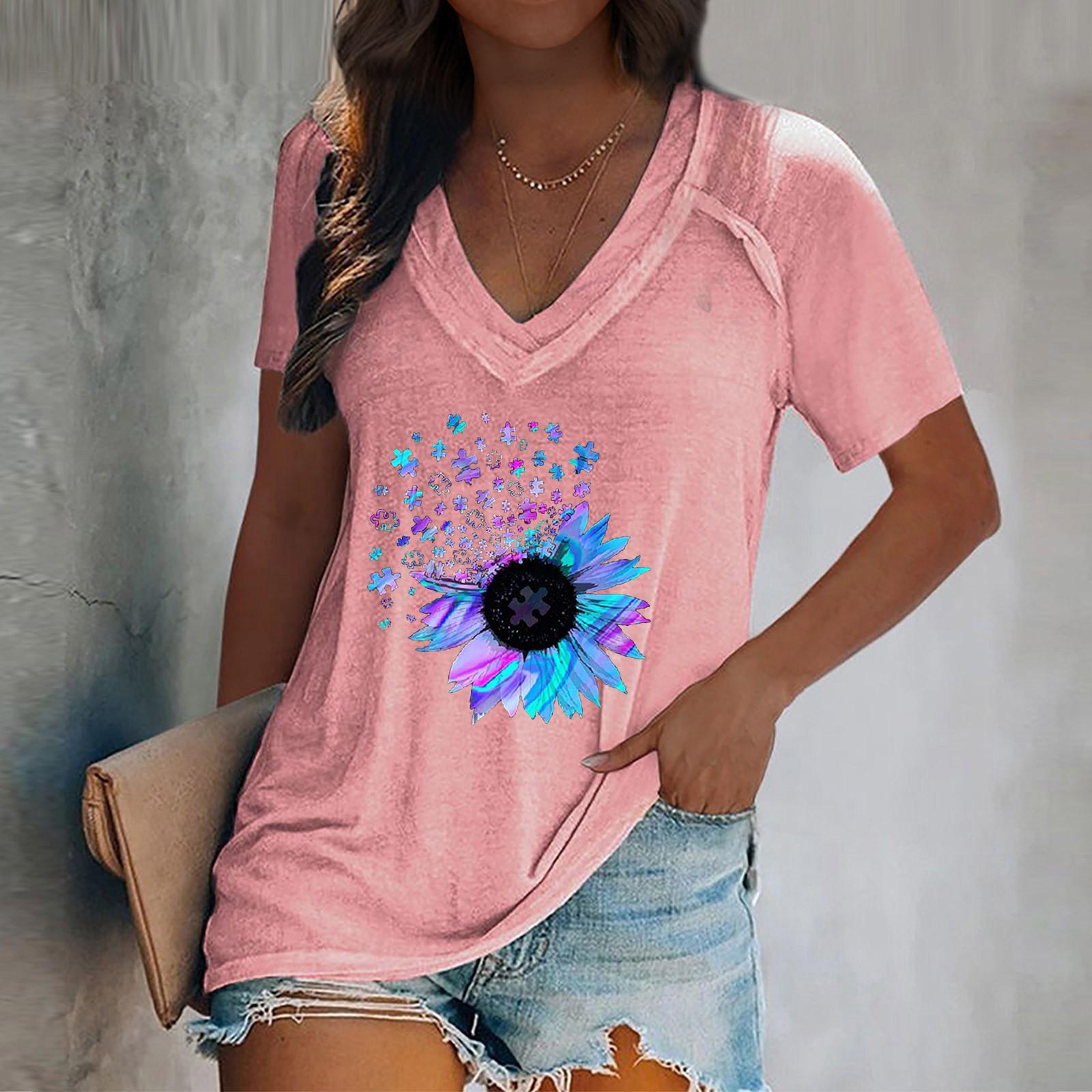 

Women s T-shirt V-neck I Sunflower Print Pullover Casual Short-sleeved Top S розовый