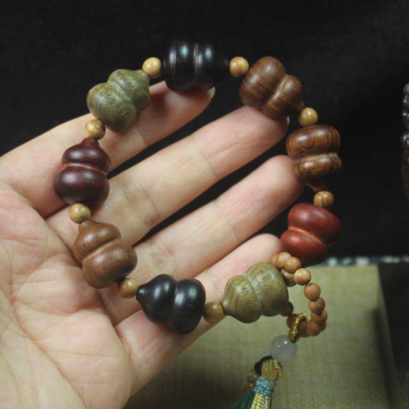 Green Sandalwood & Black Ebony Multi-Treasure Gourd Bracelet Fu Lu Buddhist Prayer Beads Jewelry Gift