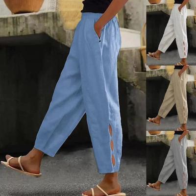 Spring and Autumn New Women's Pants Cotton Linen Solid Color Fashion Casual Daily Side Pocket Trousers Hollow-out Button Pants
