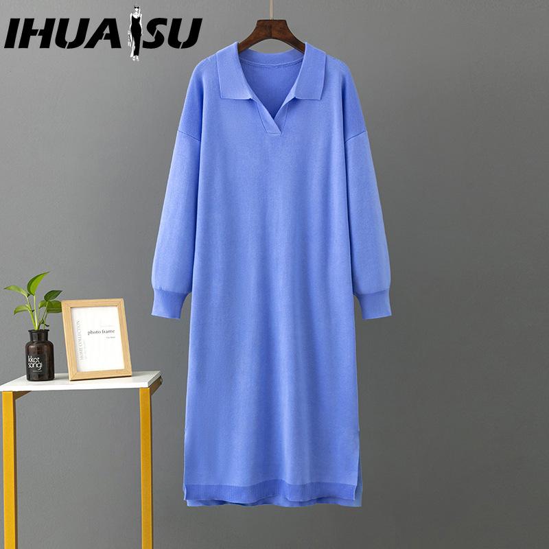 IHUASU Women's Autumn Winter Knitted Loose Large Solid Color Polo Collar Dresses with Lining