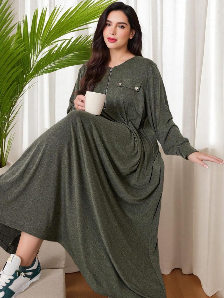 Plus Size Autumn Street Fashion Loose Knit Dress - Solid Color, Round Neck, Long Sleeve