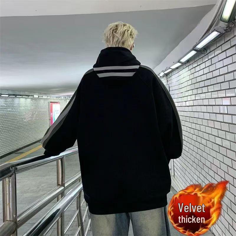 Men's Trendy American Striped Patchwork Hoodie - Autumn/Winter Casual Loose Fit for Couples