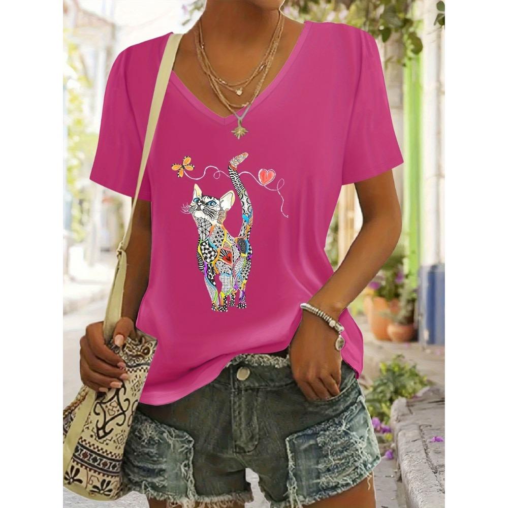 Women's Fashion T-Shirt Short Sleeve 3D Cat Print Top Tees V-Neck Casual Woman Graphics Clothes Women's Clothing