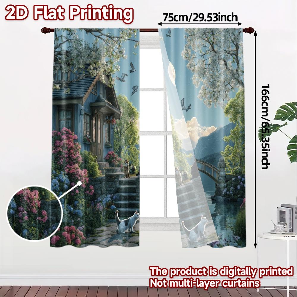 2pcs   2D FLAT PRINTING Curtains (Without Rod) Moonlit Haven Modern Pattern Curtains Versatile Polyester Curtains Festive for