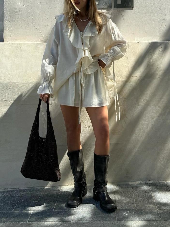 2025 Summer European & American Lace-up Ruffle Top and Shorts Set for Women