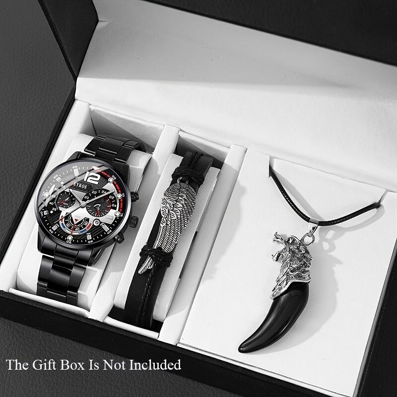 3pcs/set Men'sBusiness Alloy Stainless Steel Pointer Quartz Wrist Watch & Bracelet Necklace Set