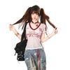 2KWEIRD V-Ausschnitt Mikro Transparentes Spitzenstickerei T-Shirt Damen Kurzarm Oberteil Y2k Ästhetisches Oberteil