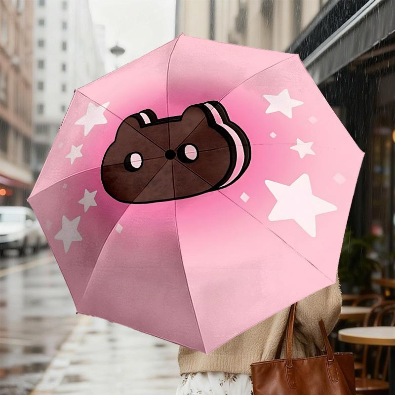 1pc Cookie Cat Automatic Folding Umbrella 8 Rib Iron Frame, Compact Portable Umbrella Suitable for Travel, Daily Use, Birthday, Women & Men Gift 035
