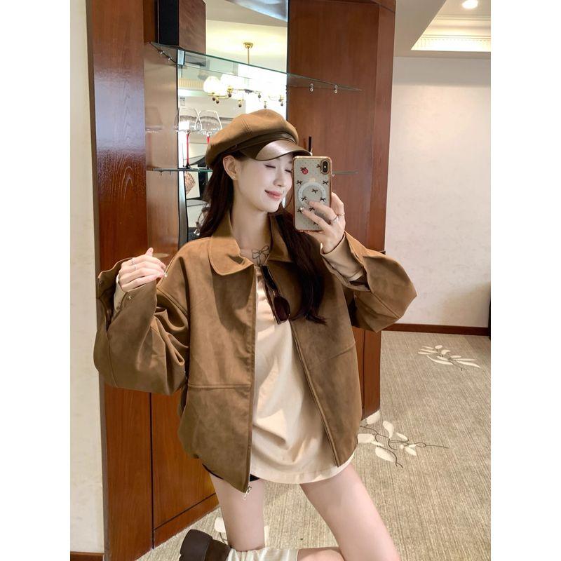 Kumikumi High Sense Retro Suede Long sleeve Outerwear Women clothes Autumn Loose Slimming Versatile Brown Top