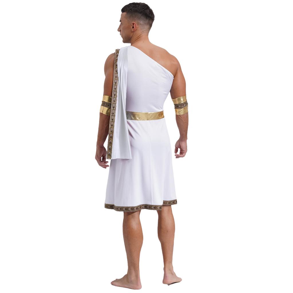 Mens One Shoulder Greek Toga Sleeveless Robe Embroidered Trim Detachable Cuffs Ancient Costume Halloween Outfit