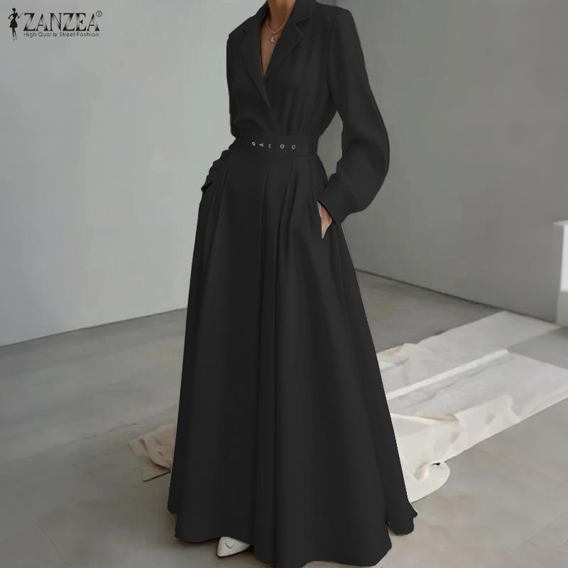 ZANZEA Women Turn Down Collar Long Sleeve Casual Spring Autumn Long Dress