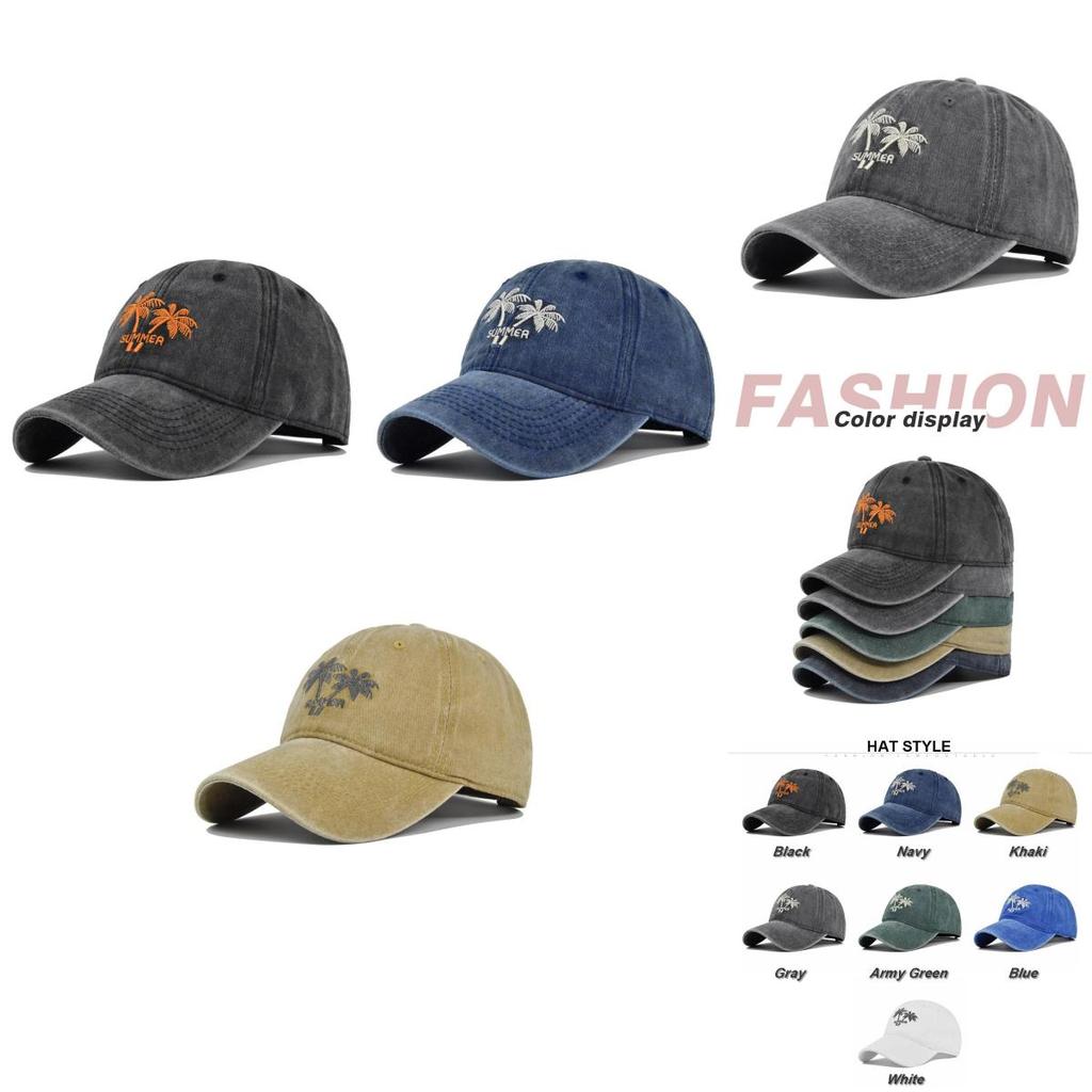 Retro Embroidered Coconut Tree Baseball Cap Vintage Embroidery Duck Tongue Cap Washed Denim Sun Hat Wide Brim