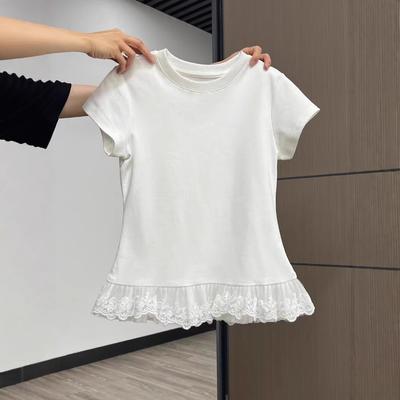 T-shirt à Manches Courtes et Col Rond en Dentelle Style Sweet Spice Girl pour Femme - Nouveau pour l'Été - Pure Désir - Superposition Intérieure - Haut de Base