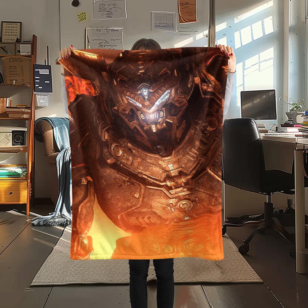 1PC Doom Print Flannel Blanket, High quality Comfortable for All Seasons, Home Decor, Warmth and Comfort, Perfect for Christmas Gifts