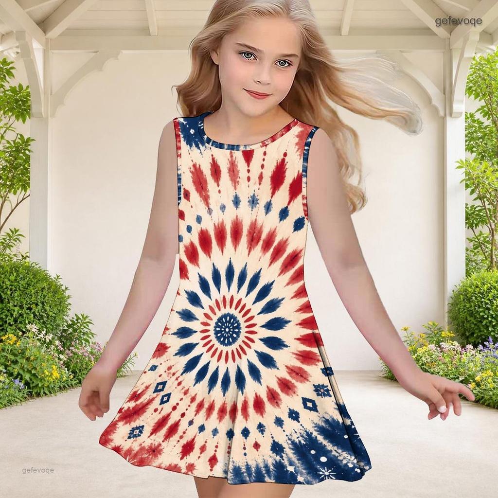 Girls Round Neck Sleeveless Navy Blue Starry Printed A Line Flared Dress