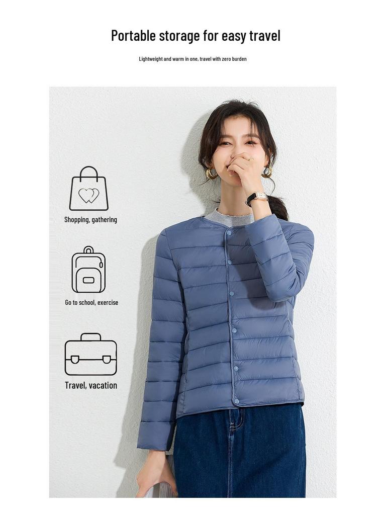 Women's Slim Fit Lightweight Crew Neck Down Jacket - Korean Style Warm Cotton-Padded Coat