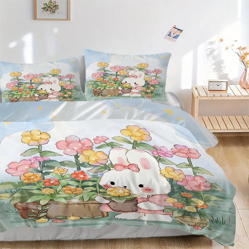 3pcs Bunny in the Garden Printed Quilt Set - Includes 1 Quilt Cover and 2 Pillowcases, Machine Washable - Suitable for All Seasons.M020