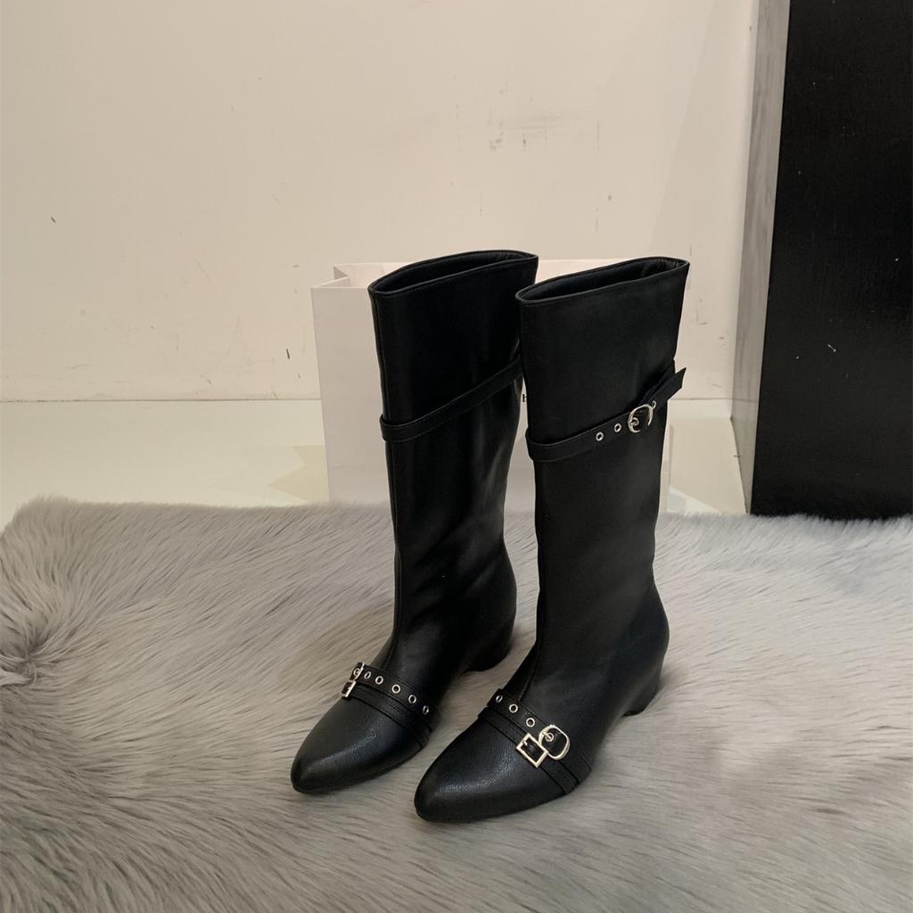 Niche design knight boots medium tube pointed head small man heightening fashion stacking boots long boots women's boots but knee boots