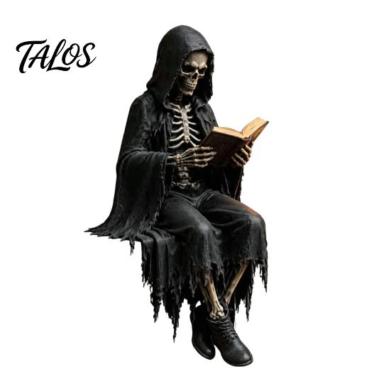Gothic Dark Fantasy Figure, Reading Hooded Grim Reaper Statue, Halloween Resin Sitting Skeleton Figurine for Bookshelf Home Decor