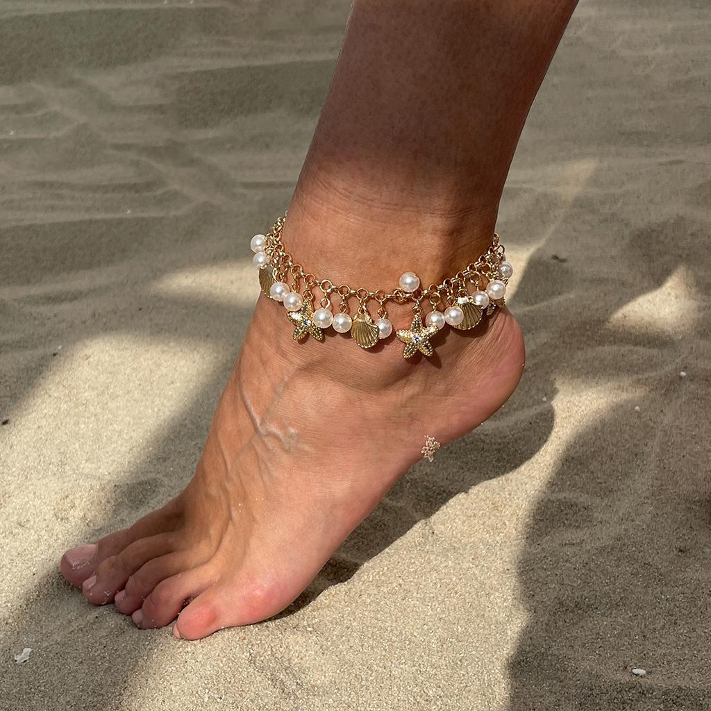 Ocean Vacation Style Starfish Scallop Shell Anklet, Bohemian Stacked Imitation Pearl Beaded Feet