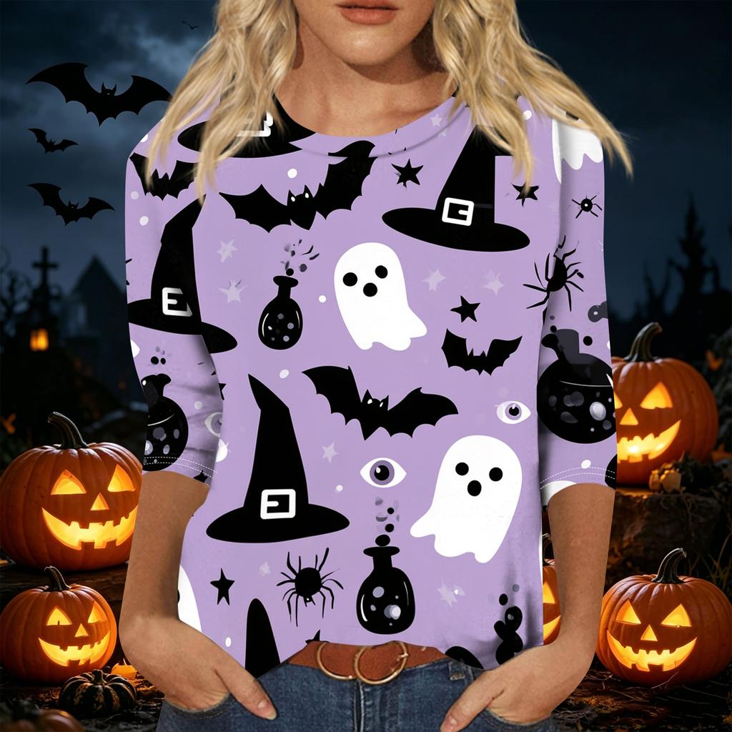 Women Casual Three Quarter Sleeve Halloween Print Round Neck Top Lightweight Comfortable Fit Seasonal Shirt for Everyday Wear