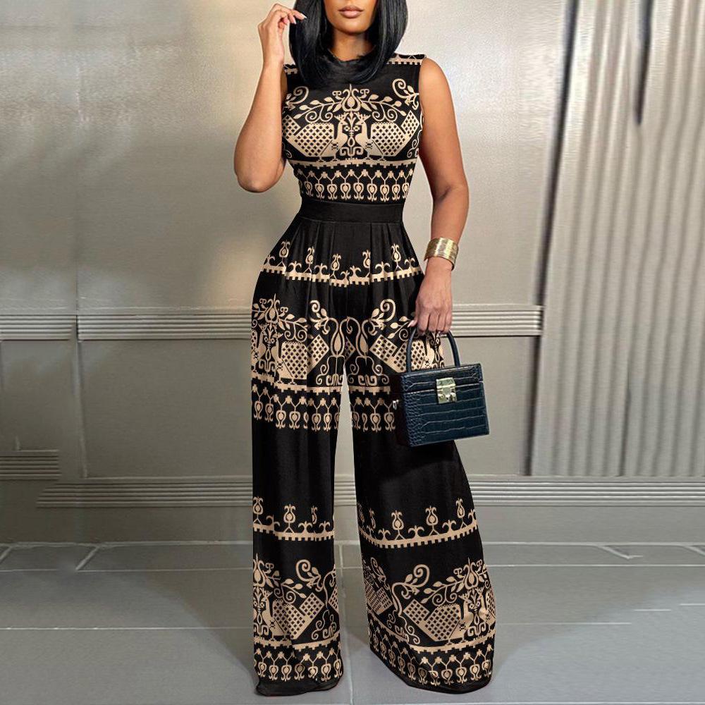 Women's Sleeveless Crew Neck Printed Slim Fit Jumpsuit