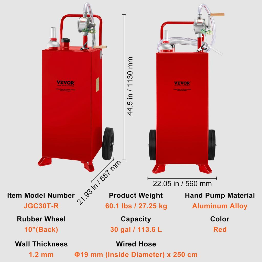 VEVOR 30 Gallon Fuel Caddy, Fuel Storage Tank On 2 Wheels, Portable Gas Caddy with Manuel Transfer Pump, Gasoline Diesel Fuel Container for Cars
