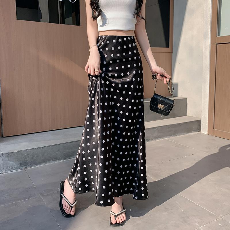 Satin Polka Dot Mermaid Skirt - Flowy Bodycon Midaxi High Waist Flattering Skirt for Women