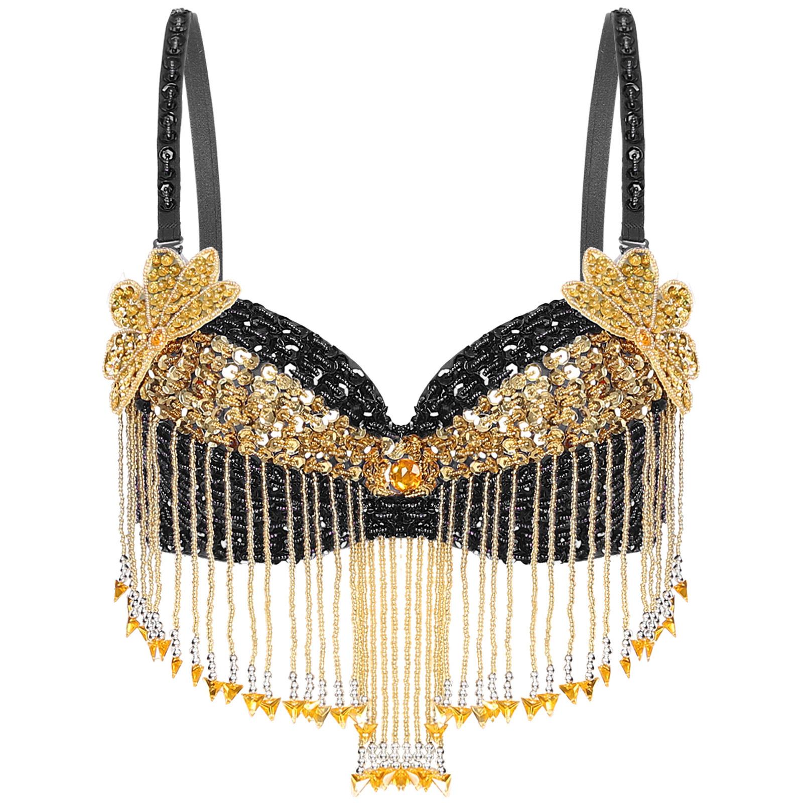 

Жіночий блискучий топ з паєтками для танцю живота, регульовані бретелі, пластикові китиці з бісеру, бюстгальтер на кісточках One Size чорний