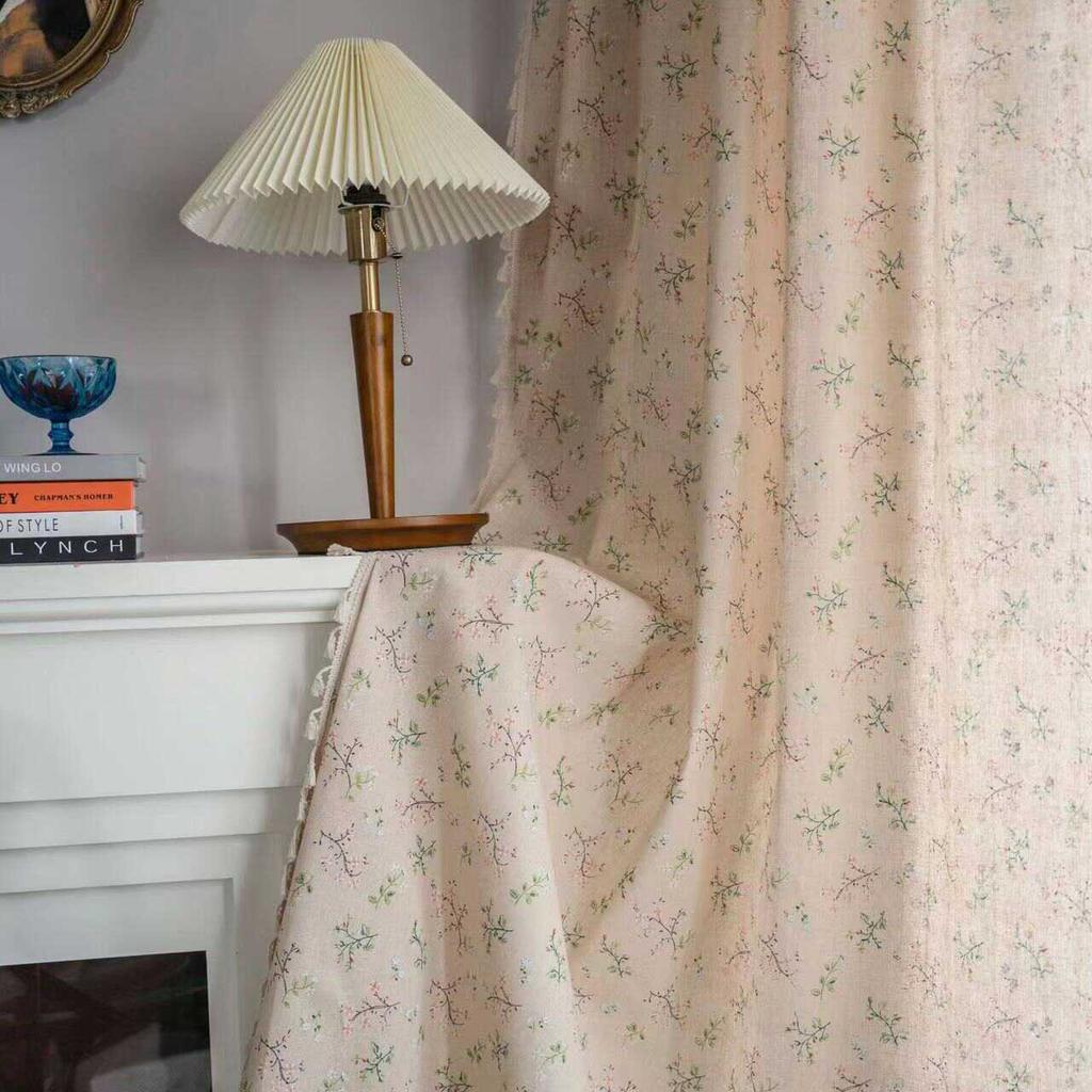 Boho Curtains Floral Semi-Blackout Windows Curtains with Tassels Cotton Linen Curtains Panels for Bedroom Living Room, 1 Panel