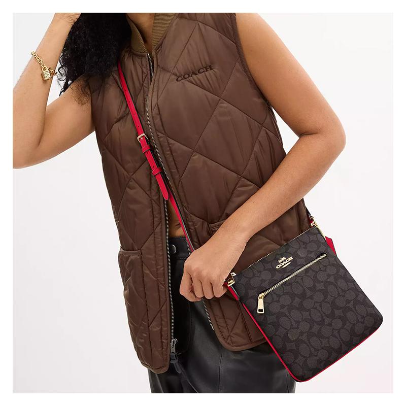 Coach Rowan 21 Metal Logo Zip Closure Coated Canvas Shoulder Crossbody Bag Small Women's Walnut and Red