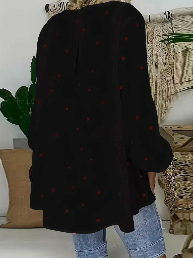 2025 Autumn V-neck Star Print Drawstring Comfortable Casual Loose Batwing Sleeve Pullover