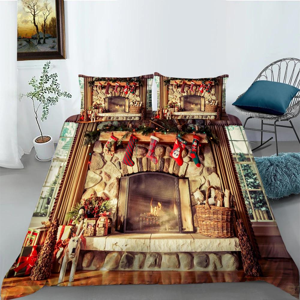 Christmas Stockings Duvet Cover Print Fireplace Polyester For Kids Boy Girl Christmas Present Christmas Element Theme Room Decor