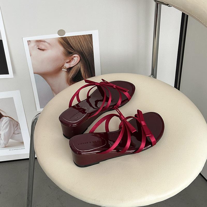 

Fashion tribe fairy style bow thick bottom heightening slippers women s outer wear 2025 new summer open-toed sandals 40 красный
