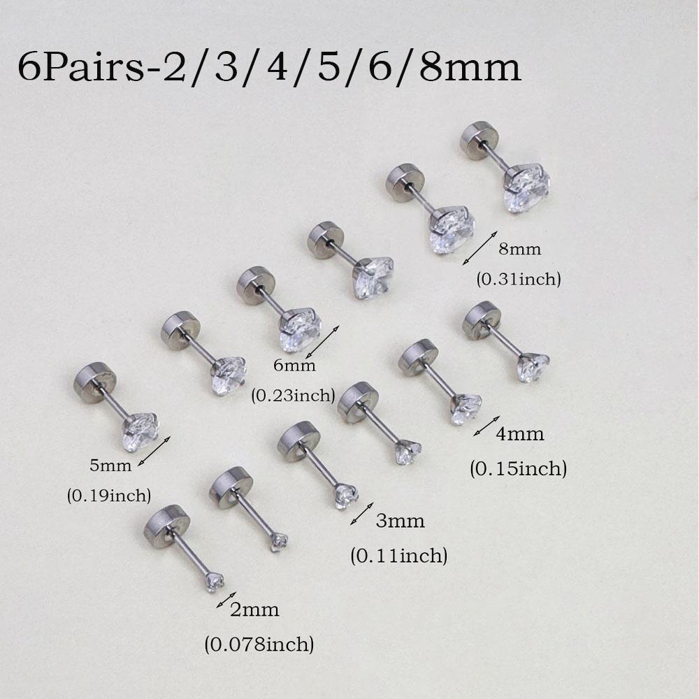 6Pairs Stainless Steel Flat Back Screw Studs Earrings For Women Men 4 Prong Tragus Small Round Clear Cubic Zirconia Ear Jewelry