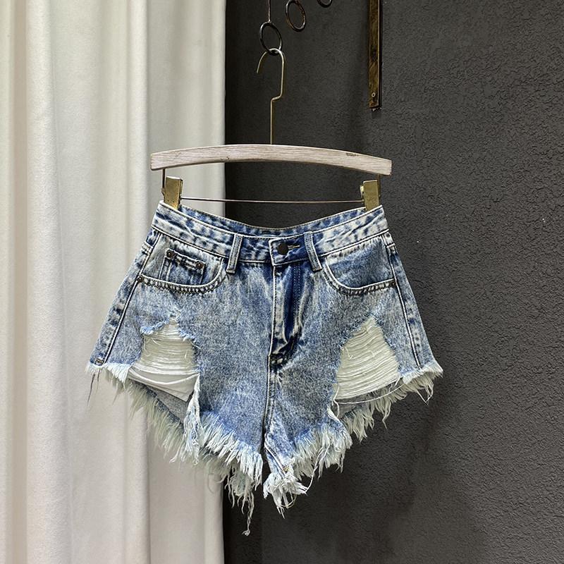 2026 European High-Waisted Slimming Ripped Denim A-Line Shorts for Women Large
