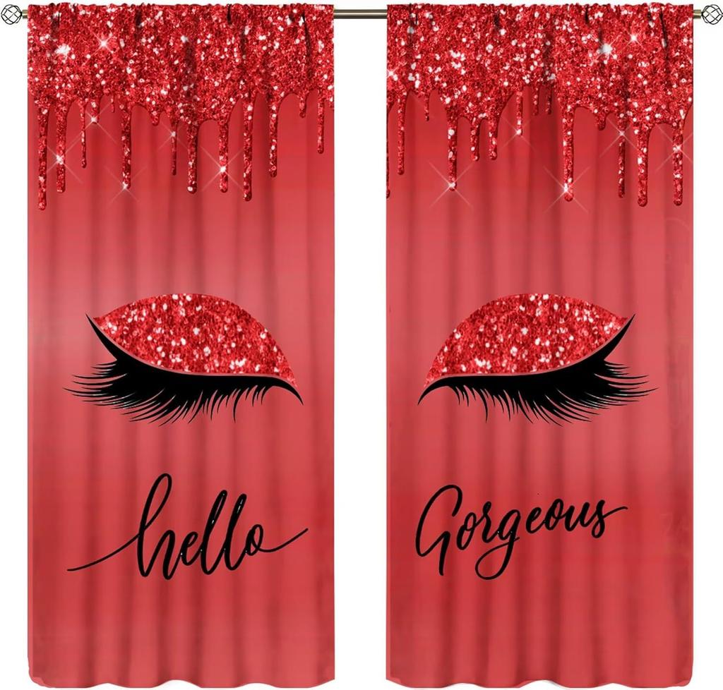 Lips Curtains, Retro Comic Pop Art Girl Applying Red Lipstick Makeup Concept Halftone Background Blackout Rod Pocket Curtains