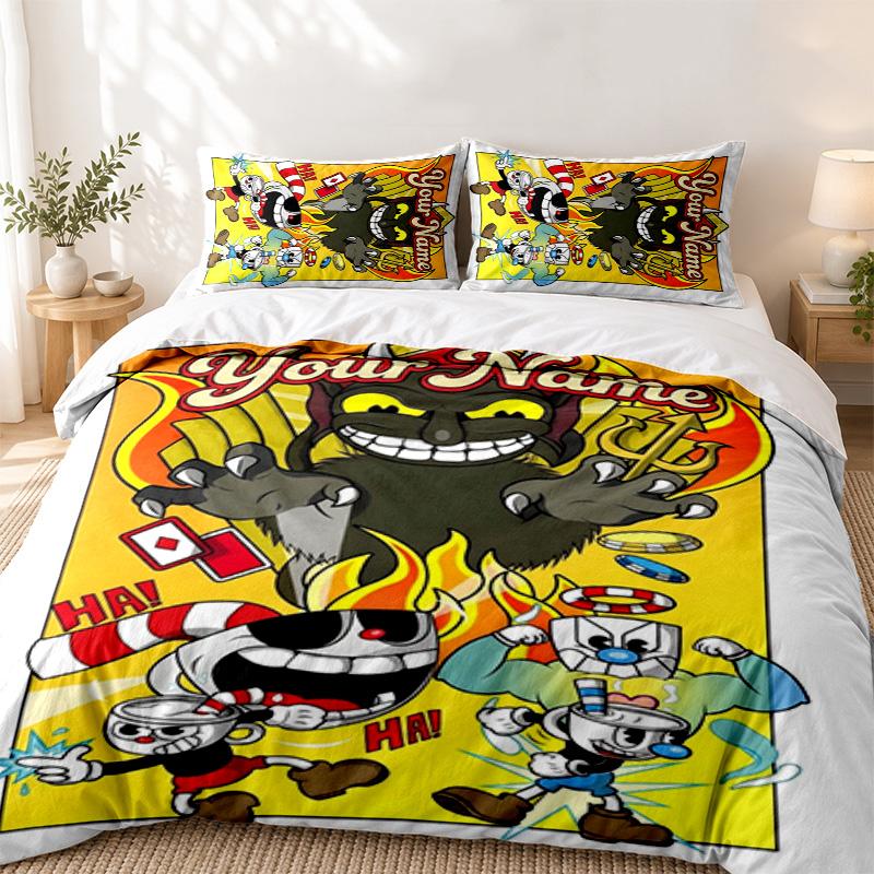 Cuphead Custom Name 3pc set Perfect for bedroom use Comfortable bedding set includes a duvet cover and two pillowcases Ideal birthday or Christmas gif