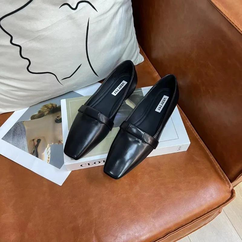 Women Basic Shoes Soft Cowhide Daily Footwear On Thick Heel Slip On Work Pumps Genuine Leather Simple Shoes Cozy Loafers